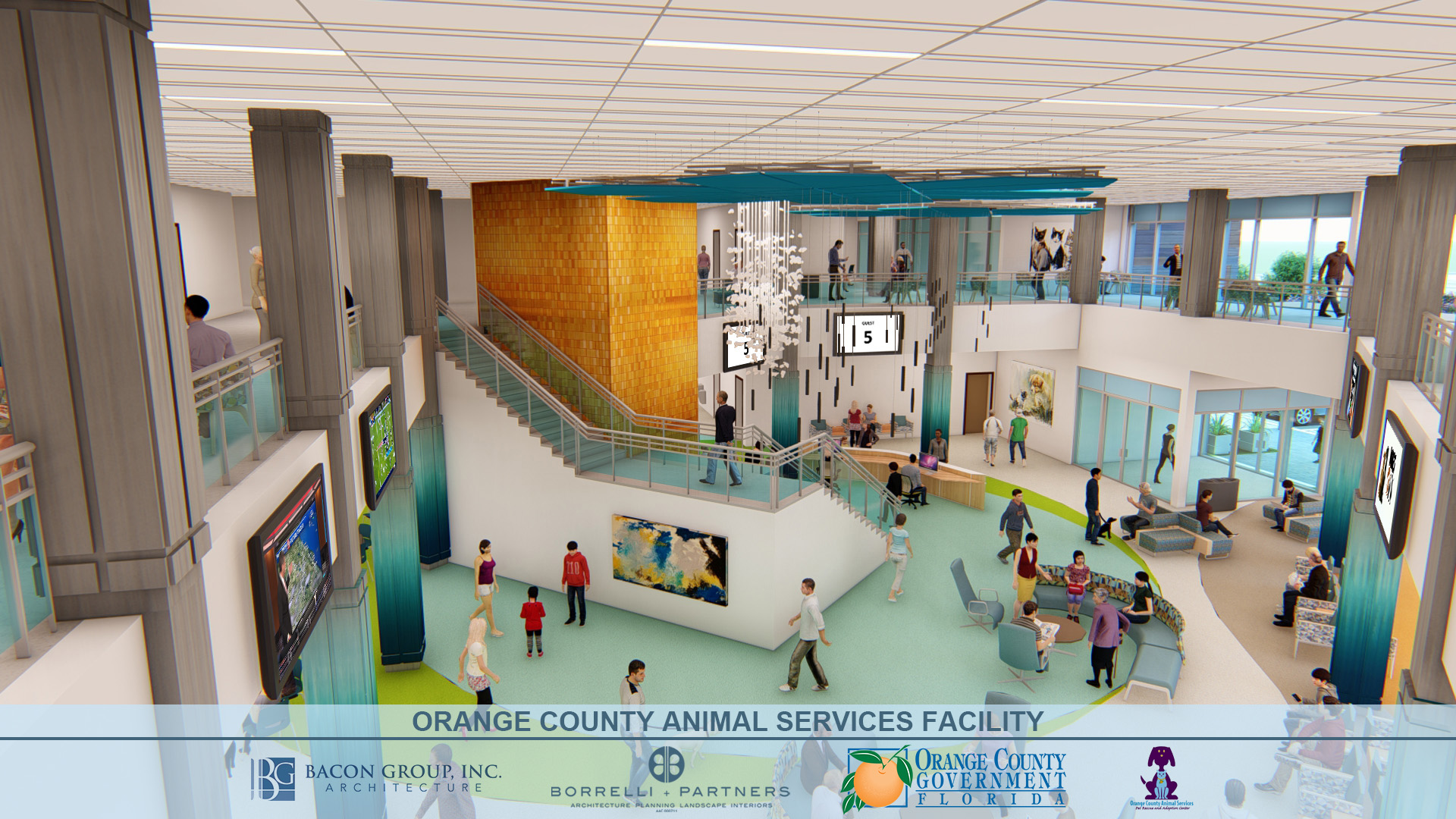 A second-floor interior rendering of the new Orange County Animal Services shelter.